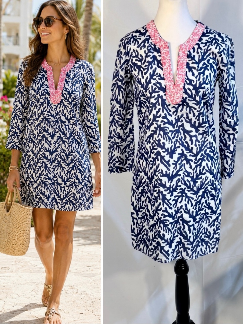 Lilly Pulitzer Courtney Tunic Dress Treasure Coral Print Beaded Neck XS